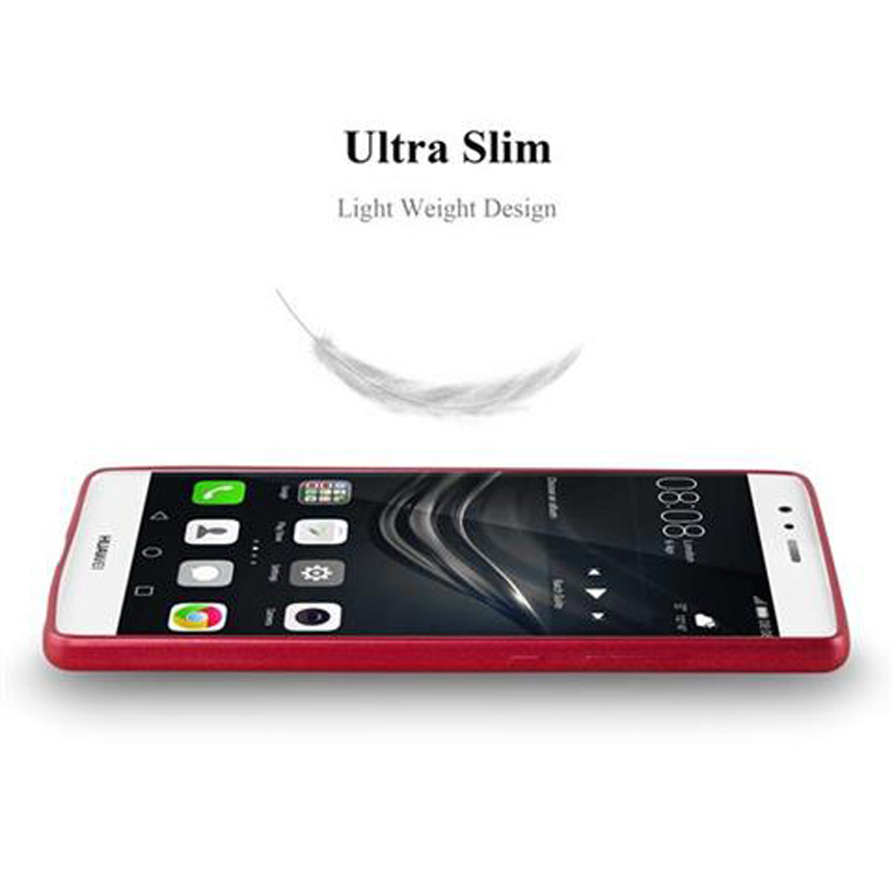 Ein schlankes rotes Smartphone mit einem Feder-Symbol und Text, das Leichtigkeit symbolisiert.