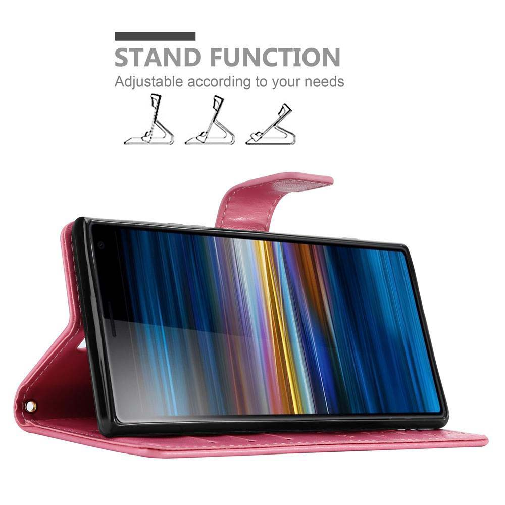 Una custodia rosa per telefono funge da supporto per smartphone. Mostra tre posizioni.