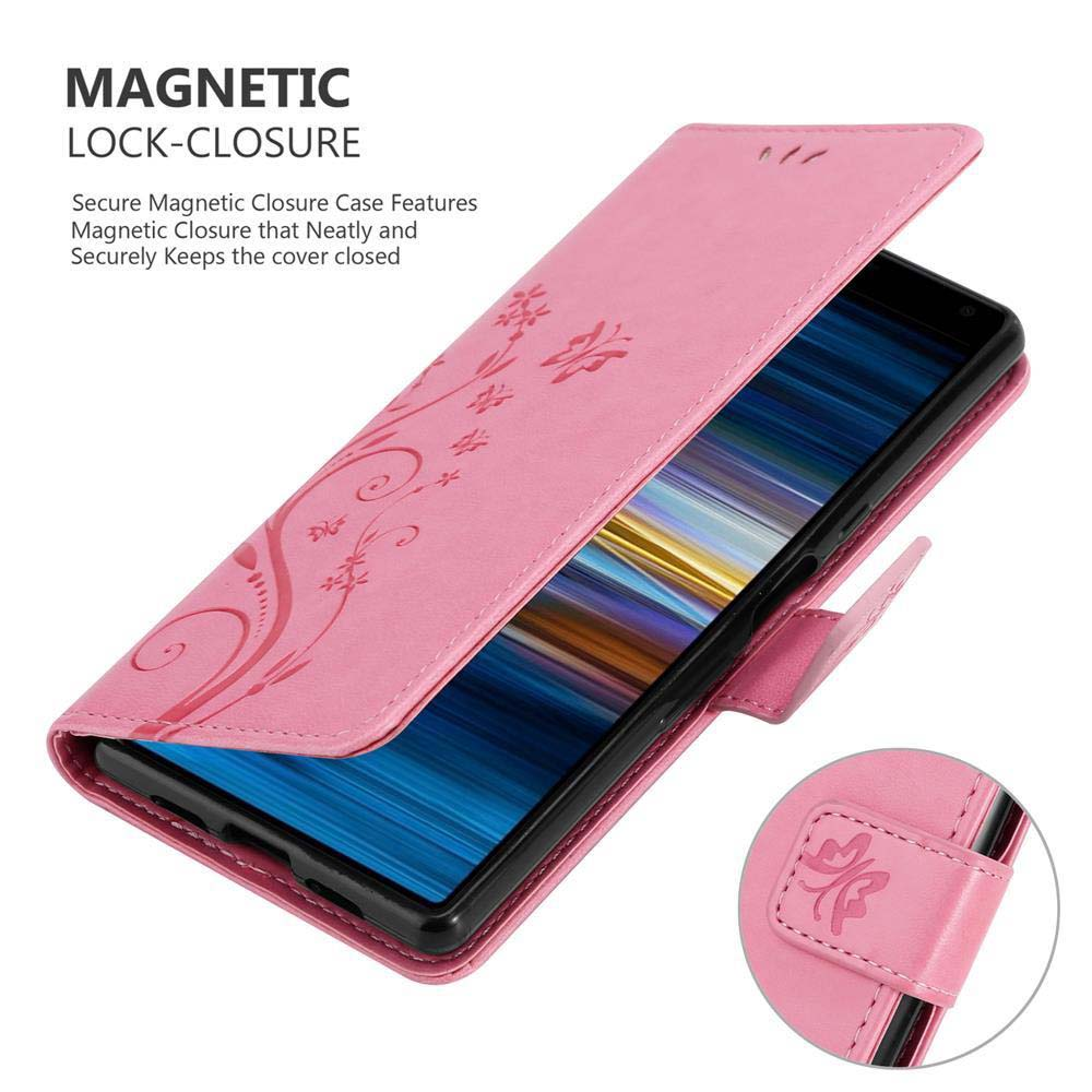 Una custodia rosa per telefono con motivo floreale e chiusura magnetica.