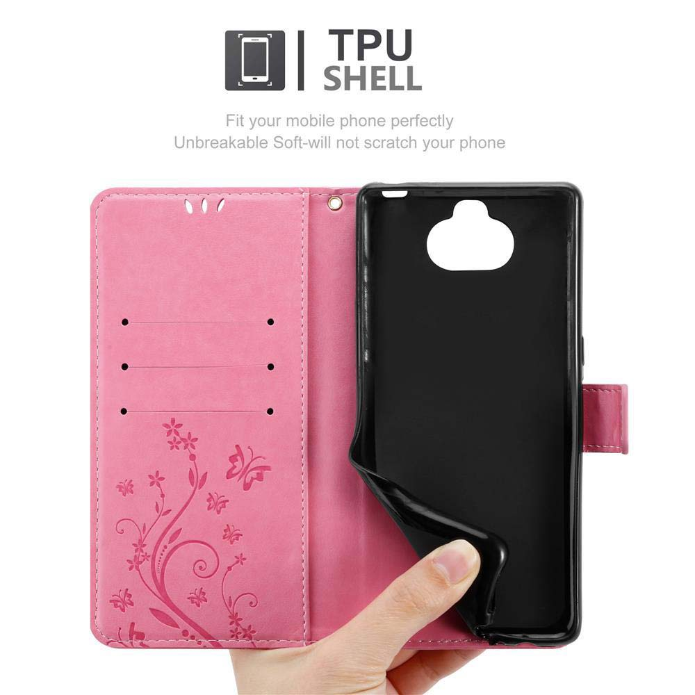 Una custodia per telefono rosa con disegno a farfalla e interno nero.