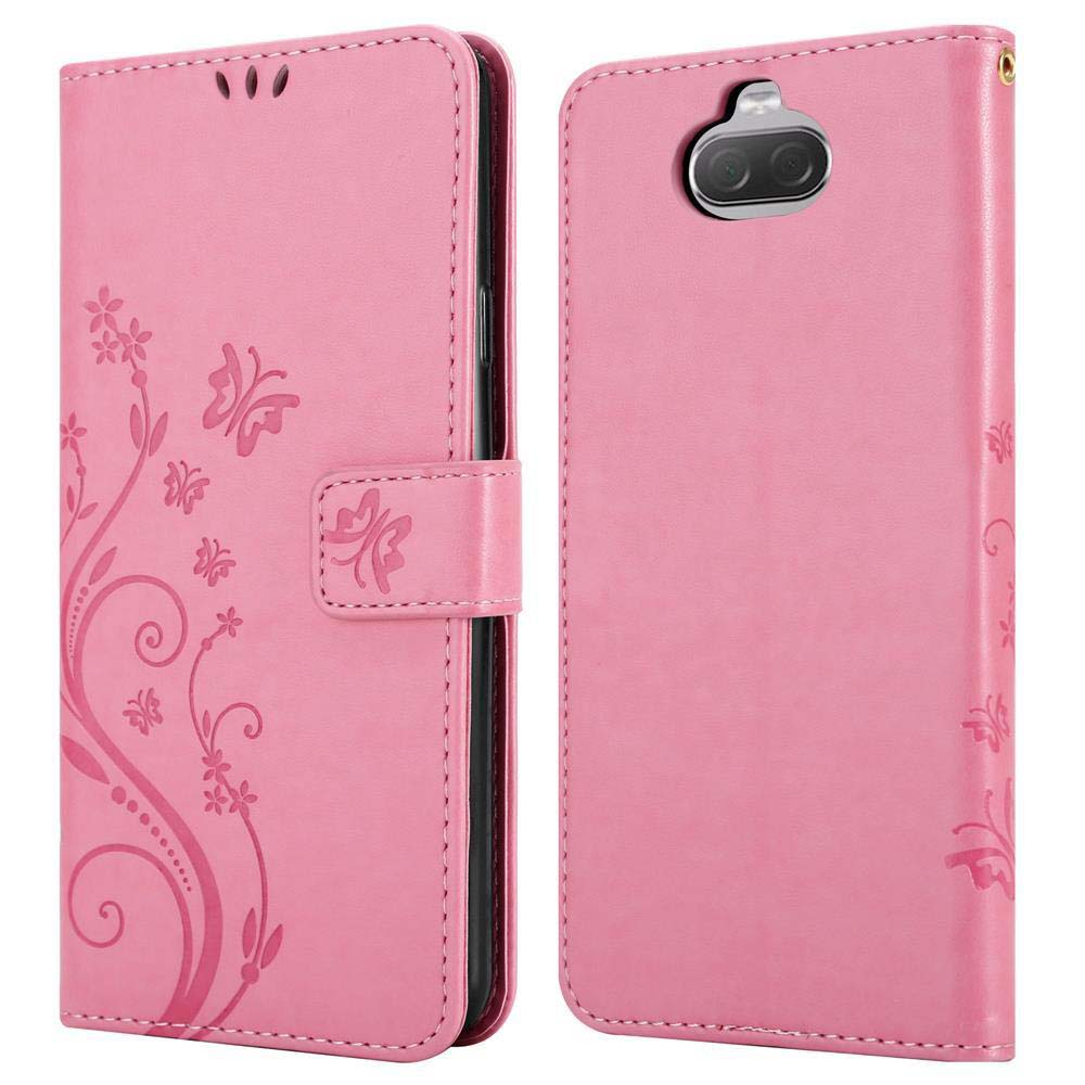 Una custodia rosa per telefono con motivo a farfalla e ritaglio per fotocamera.