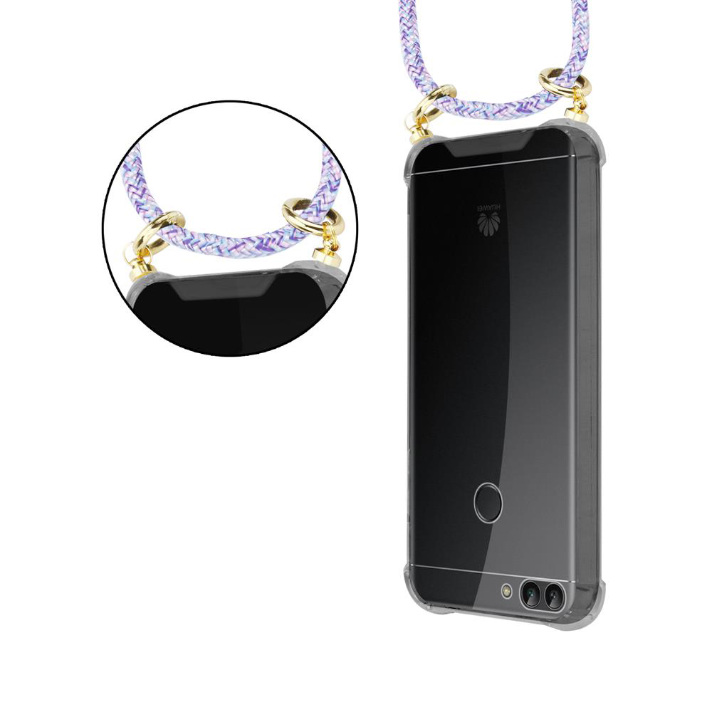 Uno smartphone nero in custodia trasparente con cordino multicolore. Dettaglio ravvicinato.