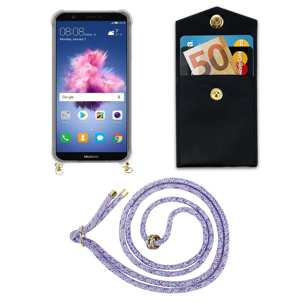 Uno smartphone con cordino, tasca nera con banconota da 50 euro e carte.