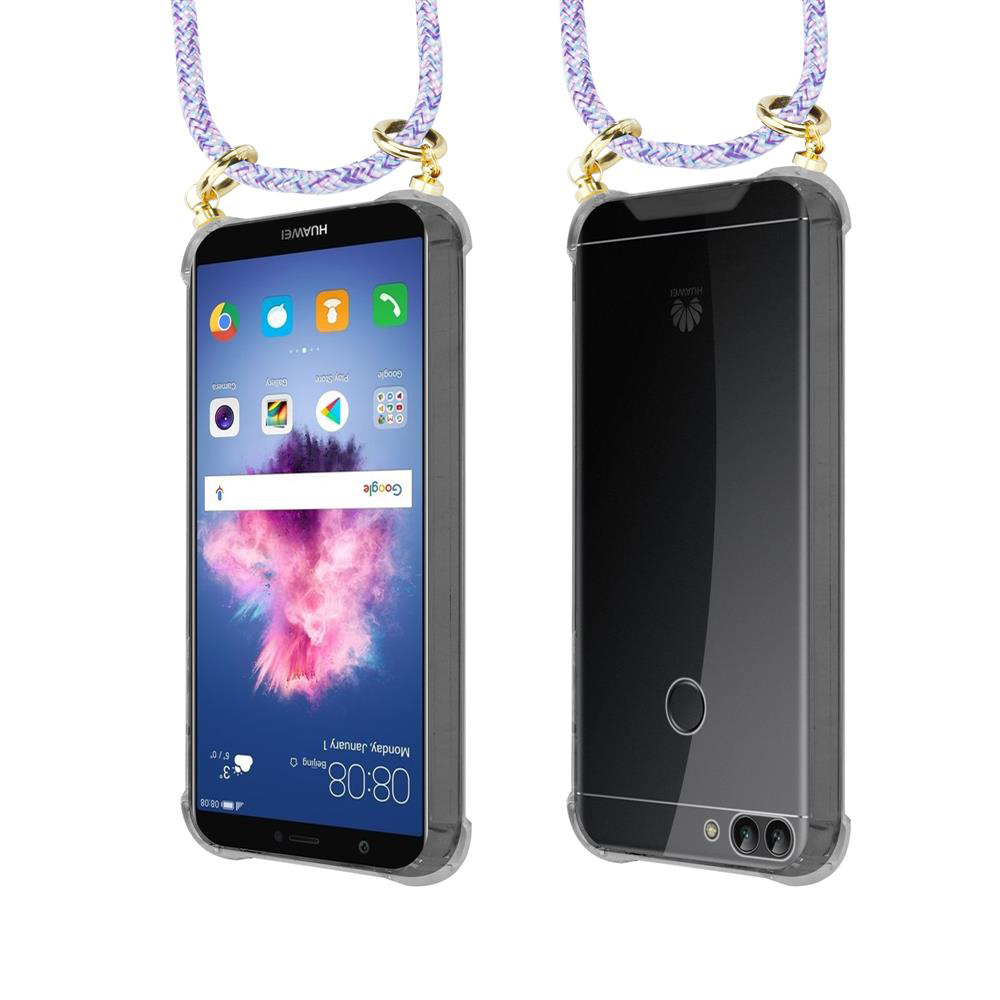 Due smartphone Huawei con cinturino colorato, vista frontale e posteriore.