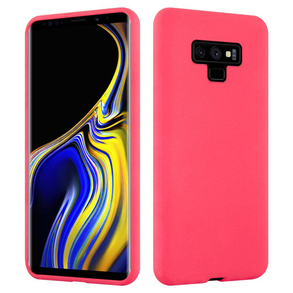 Custodia rosa per telefono mostrata fronte e retro. Il fronte mostra lo schermo del telefono. Il retro mostra la fotocamera.