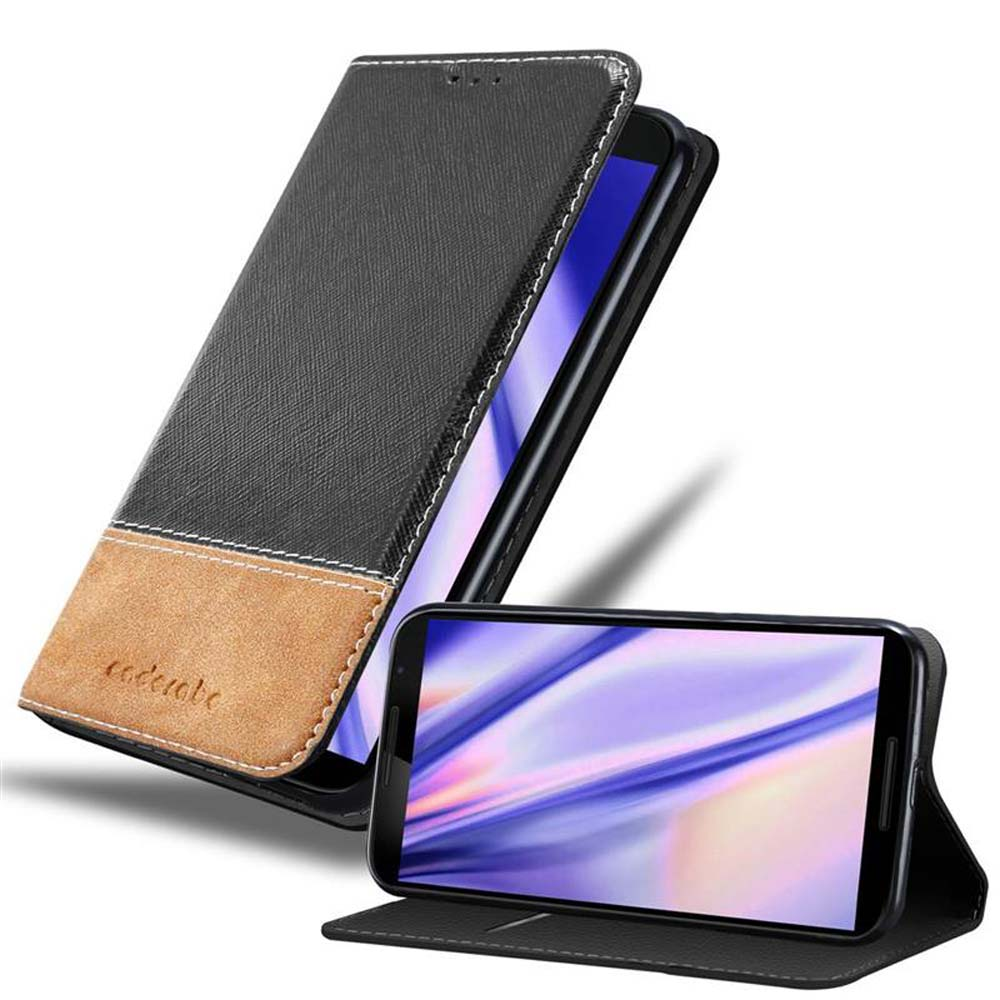 Ein schwarzes Lederhandyhülle mit braunem Einsatz, die ein Smartphone zeigt.
