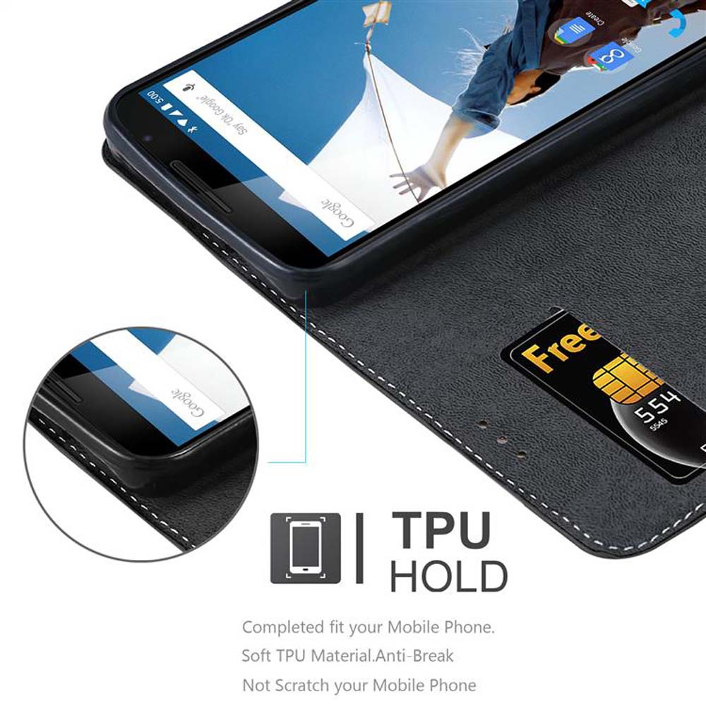 Eine schwarze Handyhülle mit einem Telefon im Inneren. Eine SIM-Karte ist sichtbar.