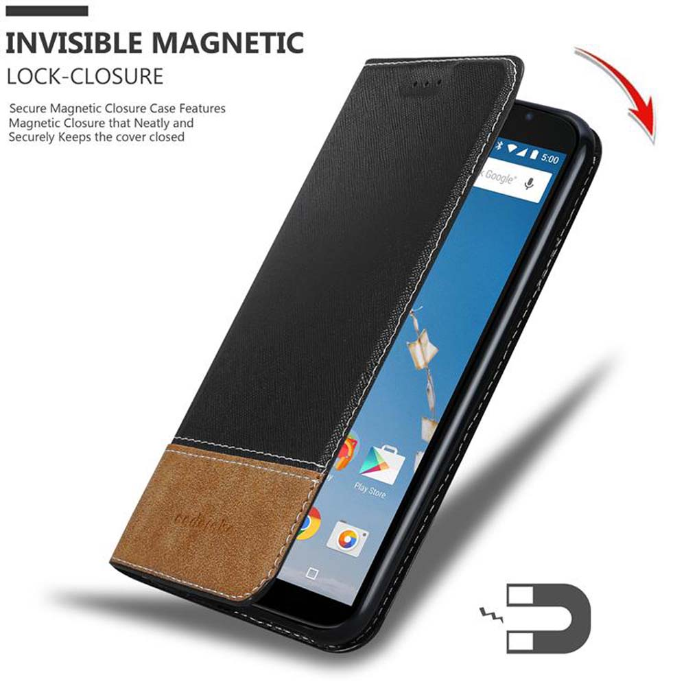 Schwarze und braune magnetische Klapphülle für ein Smartphone, zeigt den Bildschirm.