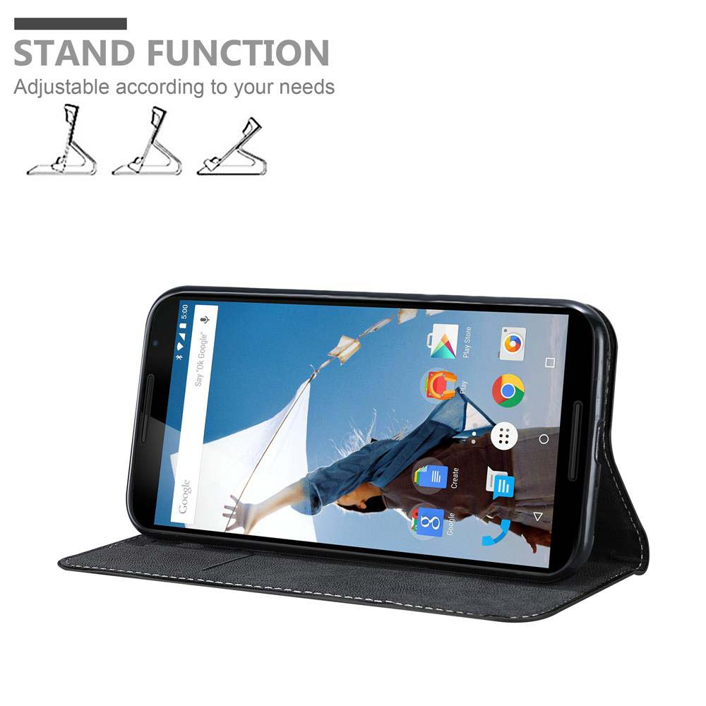 Ein Smartphone in einer schwarzen Hülle, die als Ständer dient. Oben sind drei Ständeransichten abgebildet.