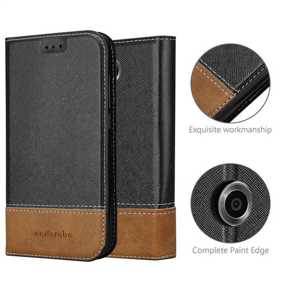 Schwarzes und braunes Handy-Flip-Case mit Nähten und Kameraausschnitt.