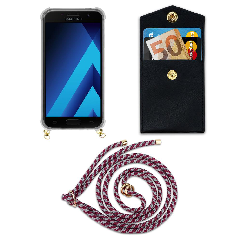 Uno smartphone in custodia, un portafoglio nero con soldi e carte, e un cordino.