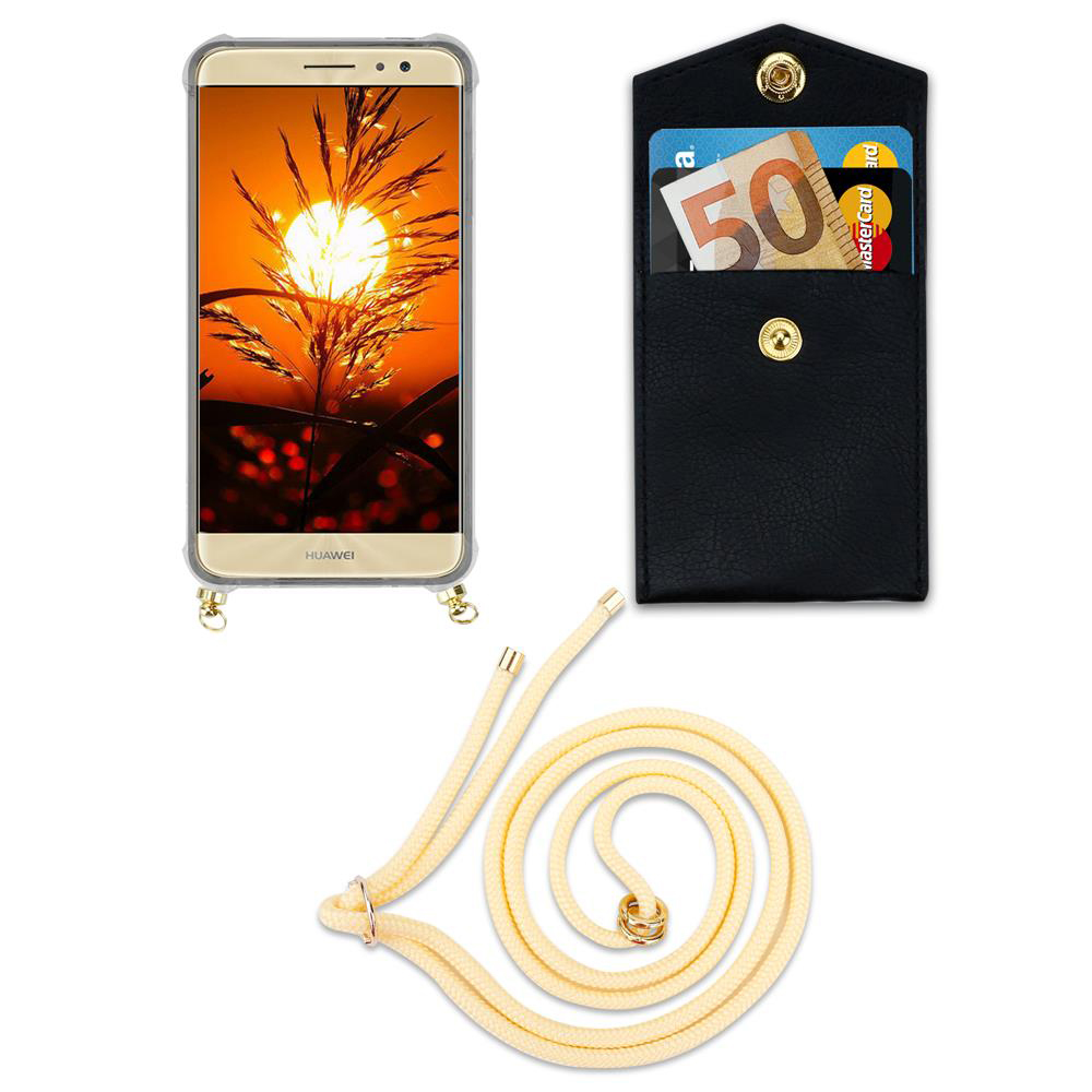 Uno smartphone in custodia, un portaoggetti nero con soldi e carte e un laccio.