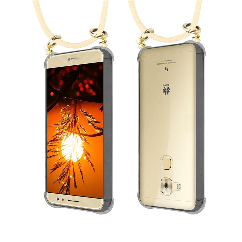 Telefono Huawei dorato in custodia trasparente con laccetto. Viste frontale e posteriore.