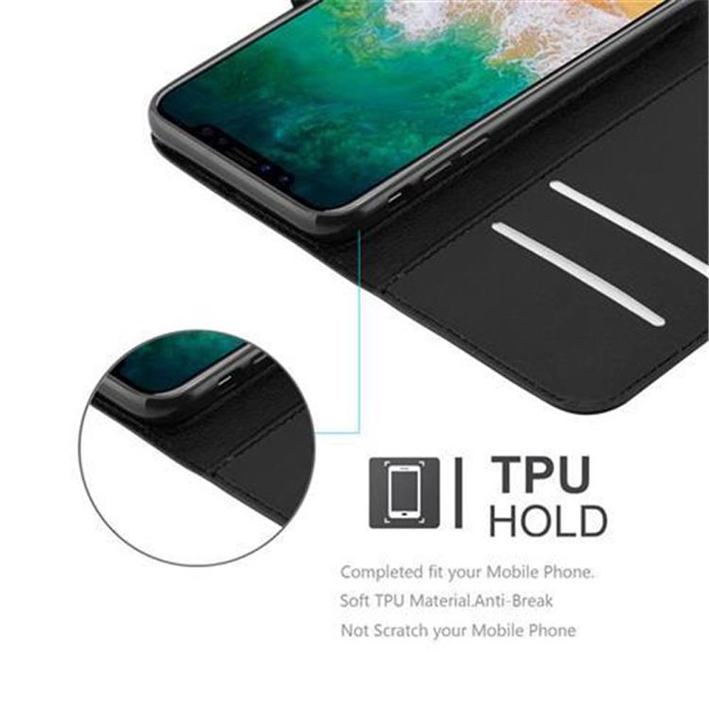 Custodia nera per telefono con telefono, primo piano del supporto in TPU.