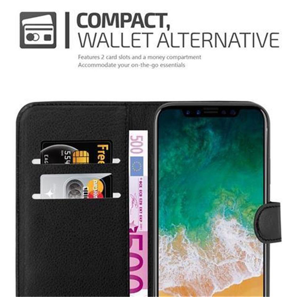 Portafoglio nero con scomparto telefono, due porta carte e porta contanti.