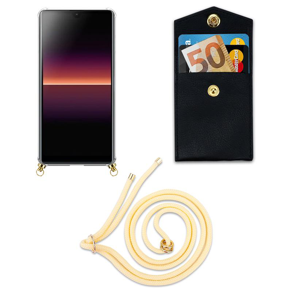 Smartphone con custodia, portafoglio nero con soldi/carte, cordino color crema.