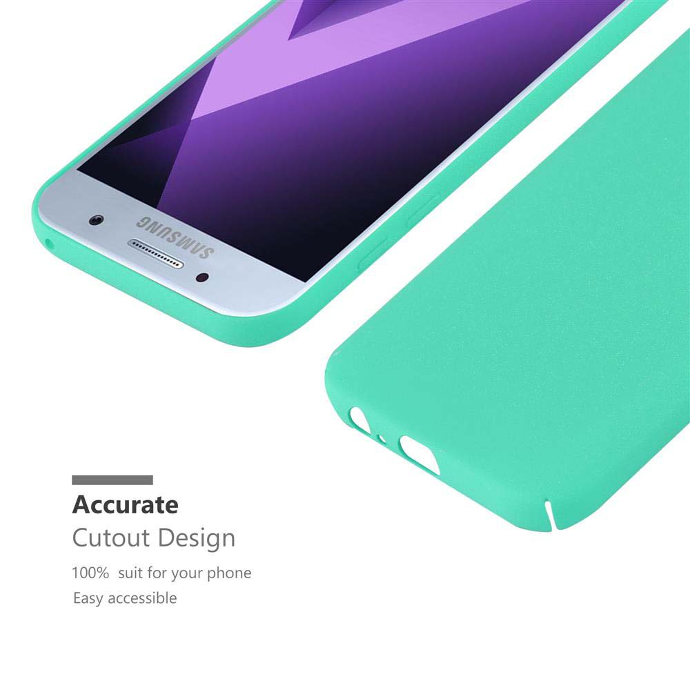 Eine türkisfarbene Handyhülle und ein Samsung-Handy mit lila Bildschirm.