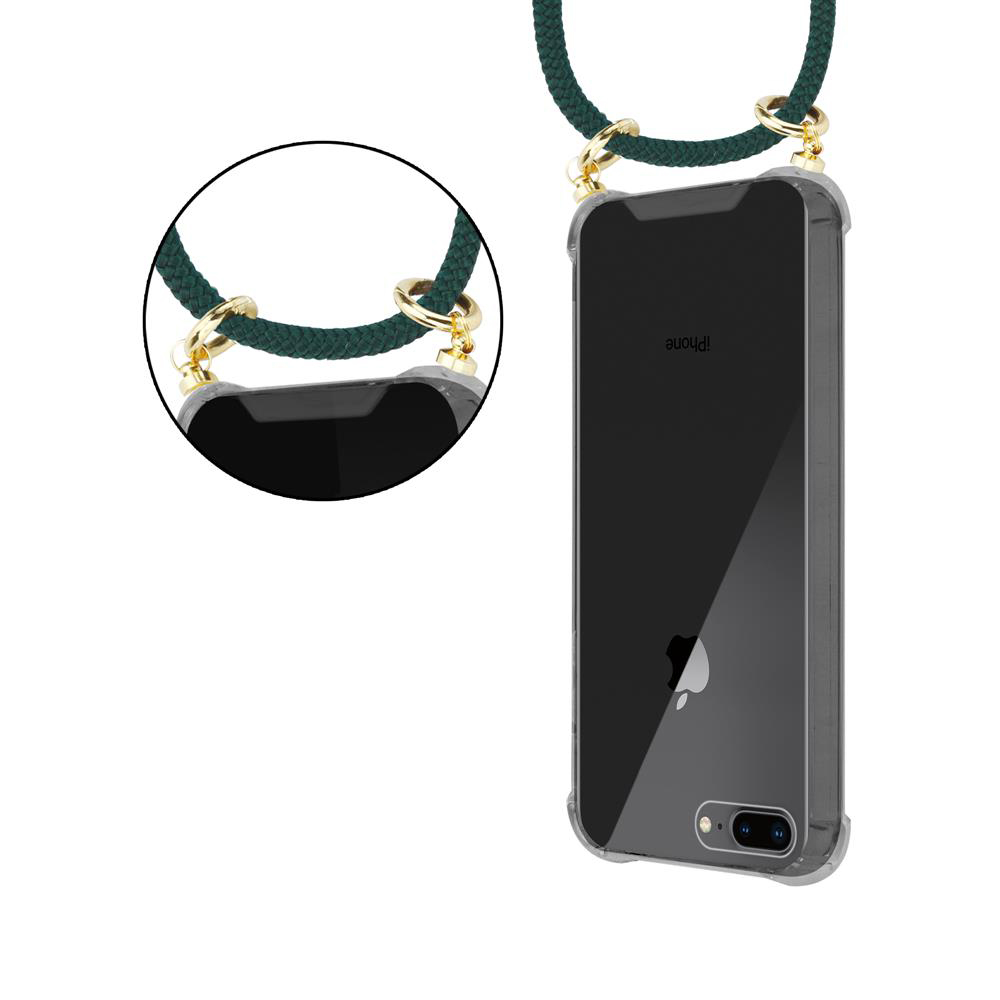 Un iPhone in una custodia trasparente con un laccetto verde.