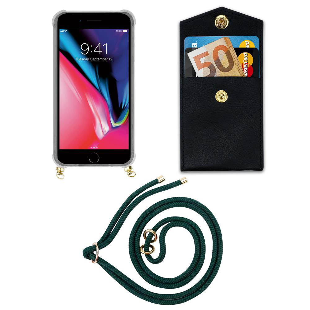 Uno smartphone in custodia trasparente, un portafoglio nero con carte e contanti, e un cordino.