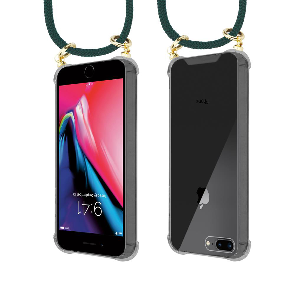 Due iPhone in custodie trasparenti con laccetti verdi. Uno mostra lo schermo, l'altro il retro.
