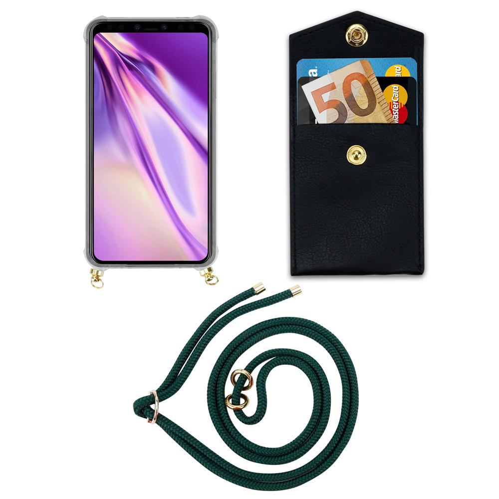 Smartphone mit Hülle, Geldbörse mit Geld und Karten, Schnur.