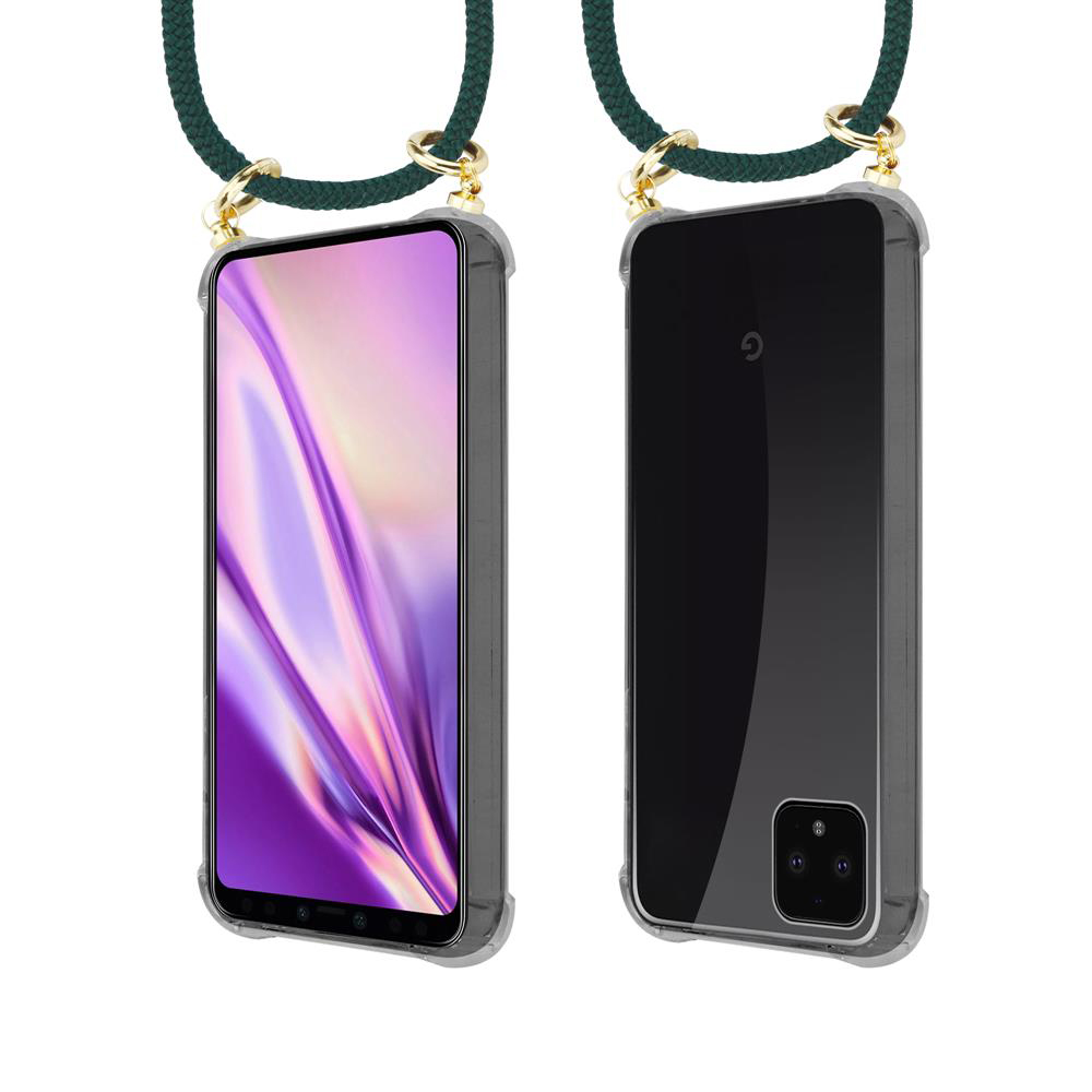 Ein Smartphone mit durchsichtigem Gehäuse und einem grünen Band.