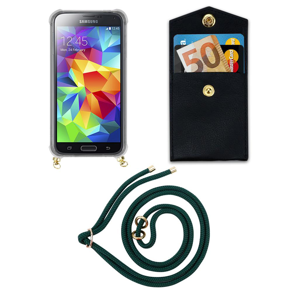 Smartphone con grafica di sfondo colorata, portafoglio nero con carte e banconota, corda verde.