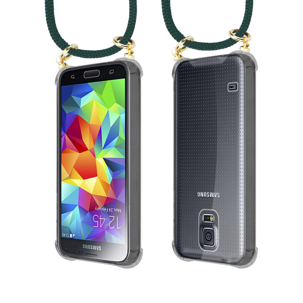 Telefono Samsung, vista frontale e posteriore, con sfondo colorato e laccetto verde.