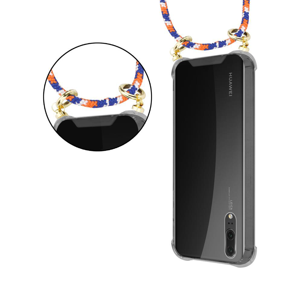 Uno smartphone in una custodia con un cinturino da collo colorato.