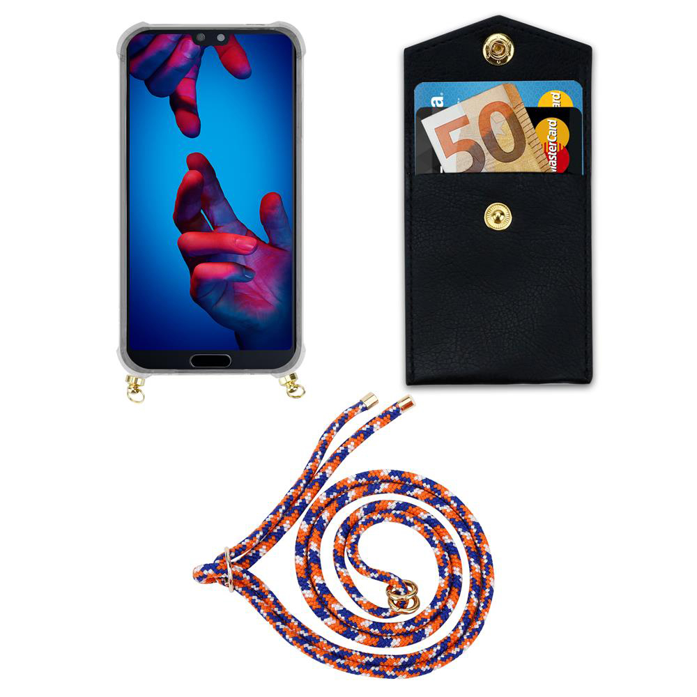 Smartphone in custodia, portafoglio con soldi e carte, e cordino.