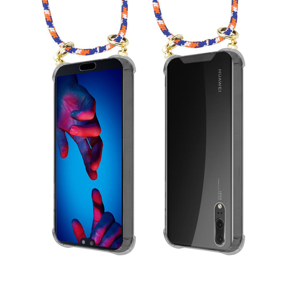 Due smartphone con cordini in custodie trasparenti, vista frontale e posteriore.