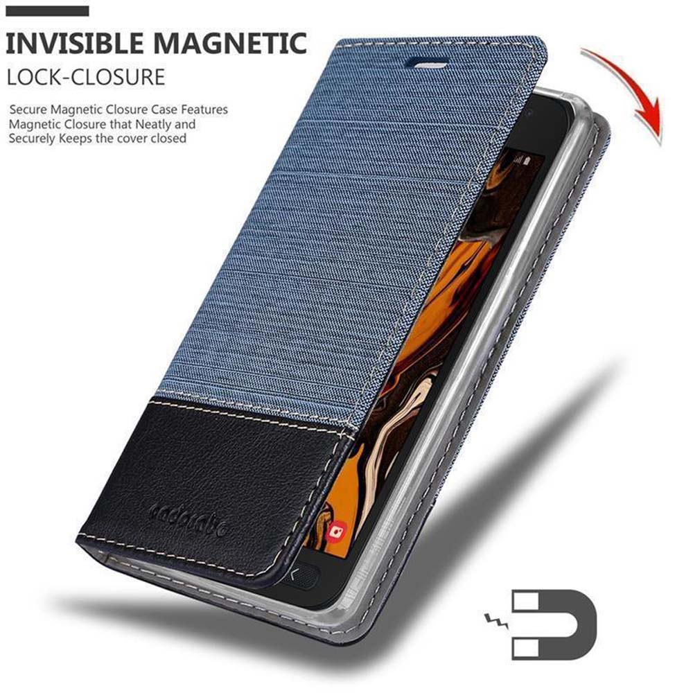 Custodia per telefono con denim e pelle nera, chiusura magnetica.