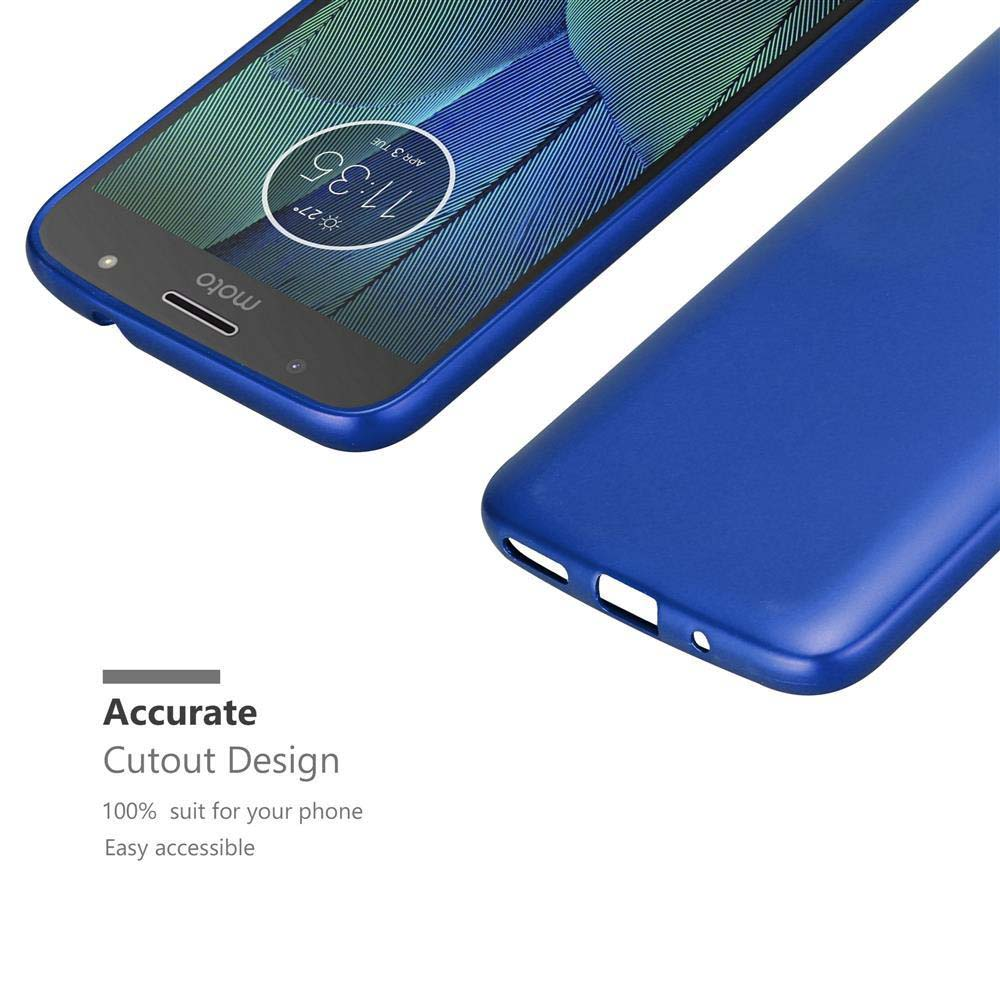 Telefono blu con logo "moto" e una custodia blu accanto.