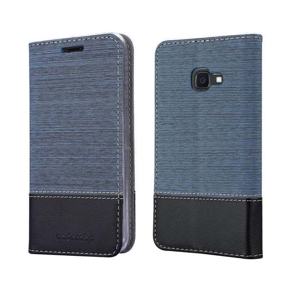 Custodia blu per telefono con fondo in pelle nera e cuciture.