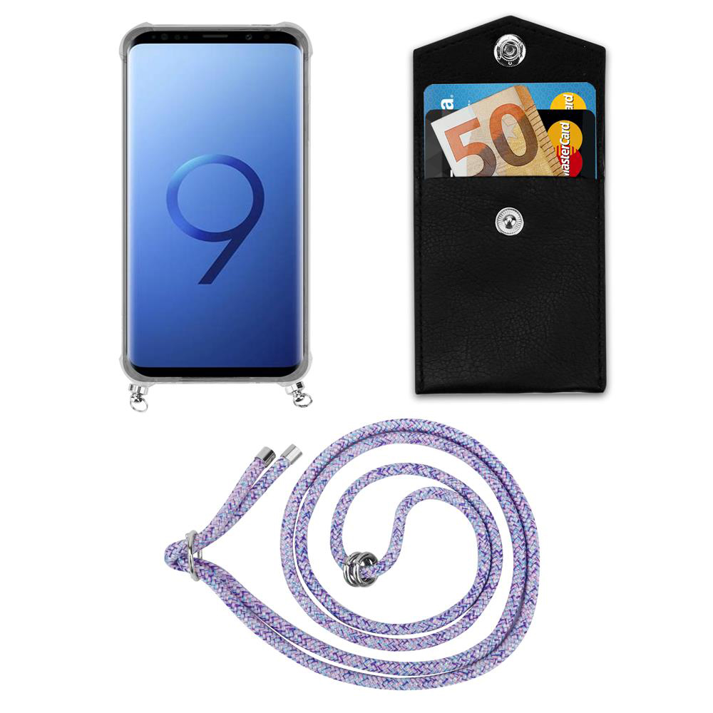 Smartphone in custodia, portafoglio con soldi e carta, e cordino.