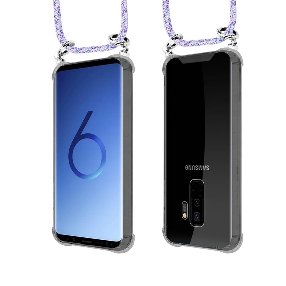 Due smartphone con cordini. Uno mostra lo schermo, l'altro il retro.