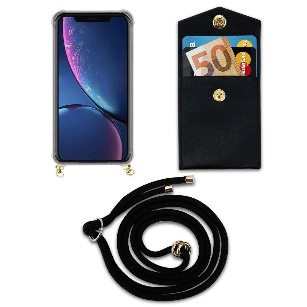 Un telefono nero con un portafoglio e un cordino.