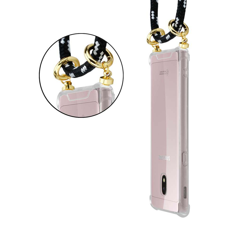 Custodia rosa per telefono con cordino bianco e nero e anelli dorati.