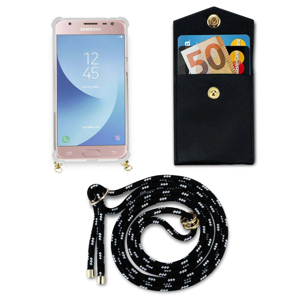 Un Samsung oro rosa in custodia, portafoglio nero con carte/contanti e cordino.