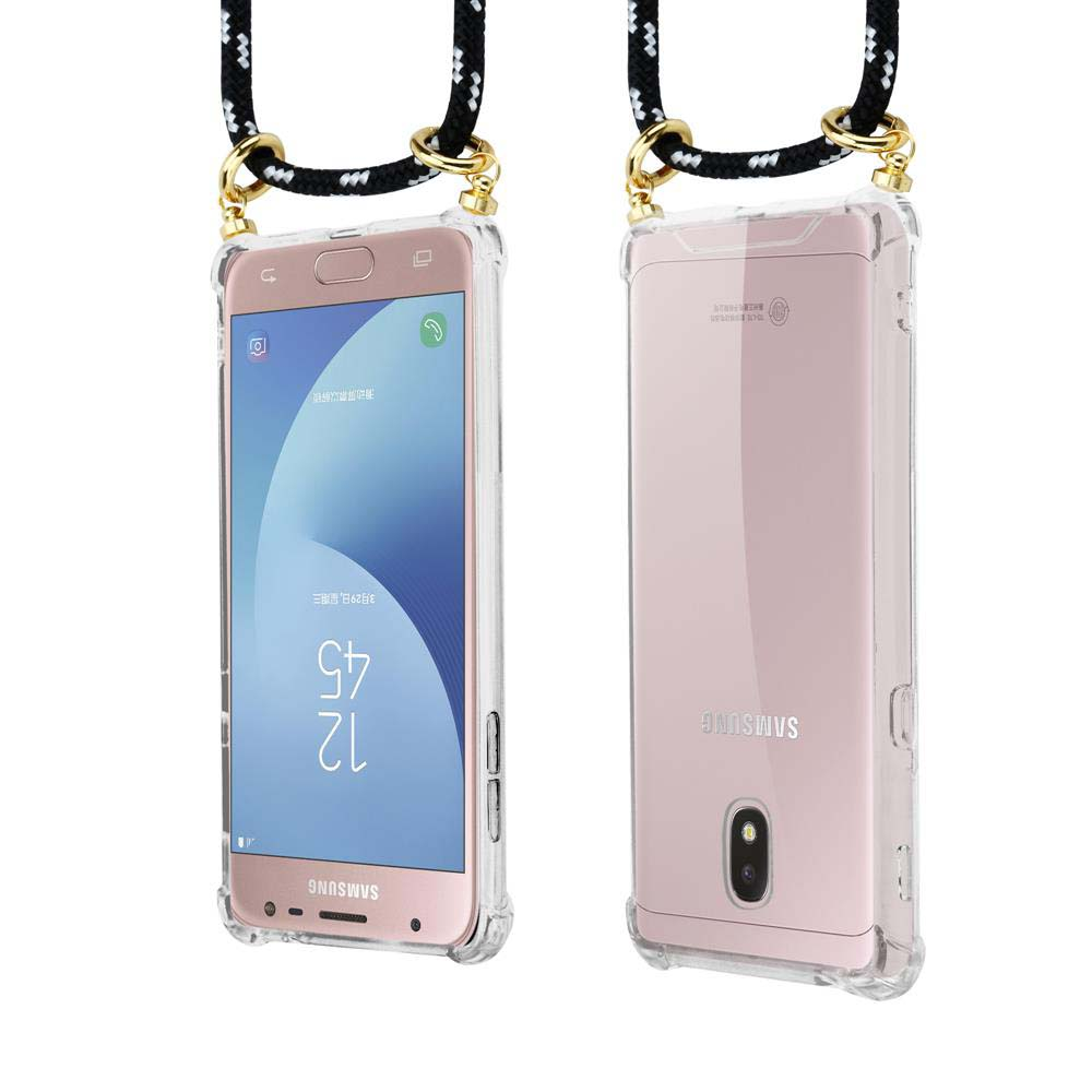 Due telefoni Samsung rosa in custodie trasparenti, appesi a cordini bianchi e neri.