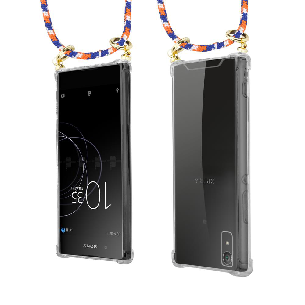 Ein Smartphone mit einem durchsichtigen Gehäuse, das an einem bunten Band befestigt ist.