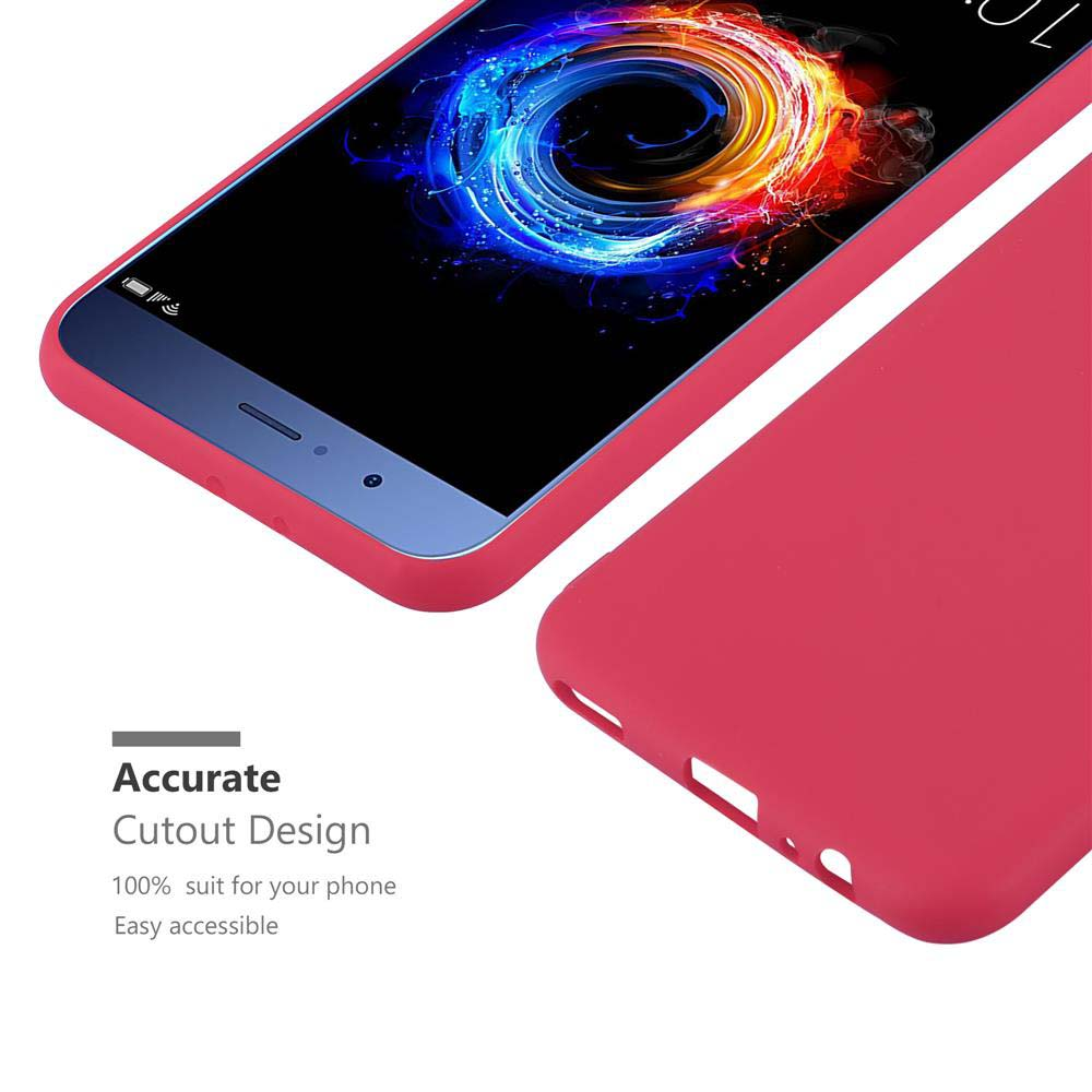 Ein rotes Handy mit einem bunten Hintergrundbild und Text.