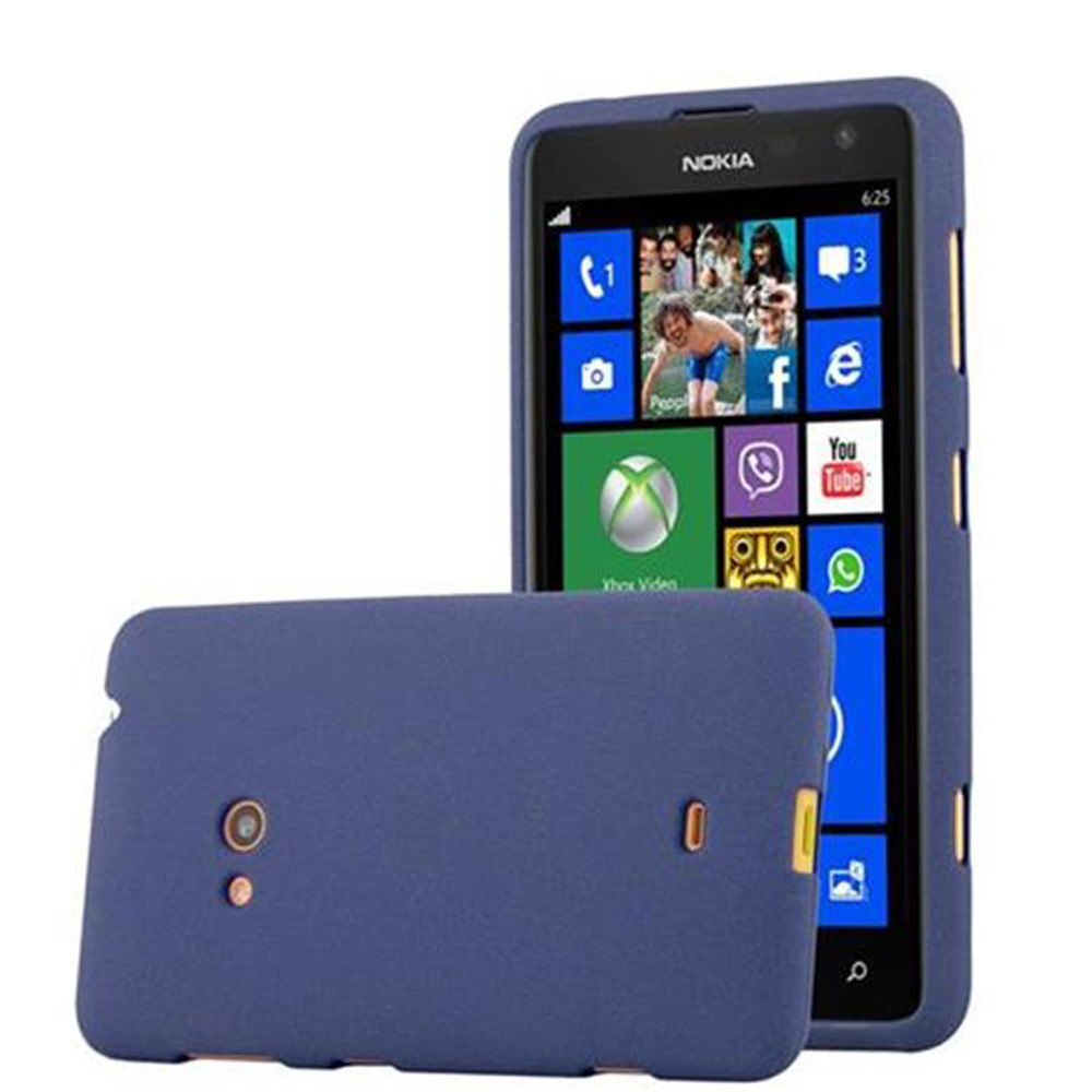 Una funda azul para teléfono junto a un smartphone azul con aplicaciones.