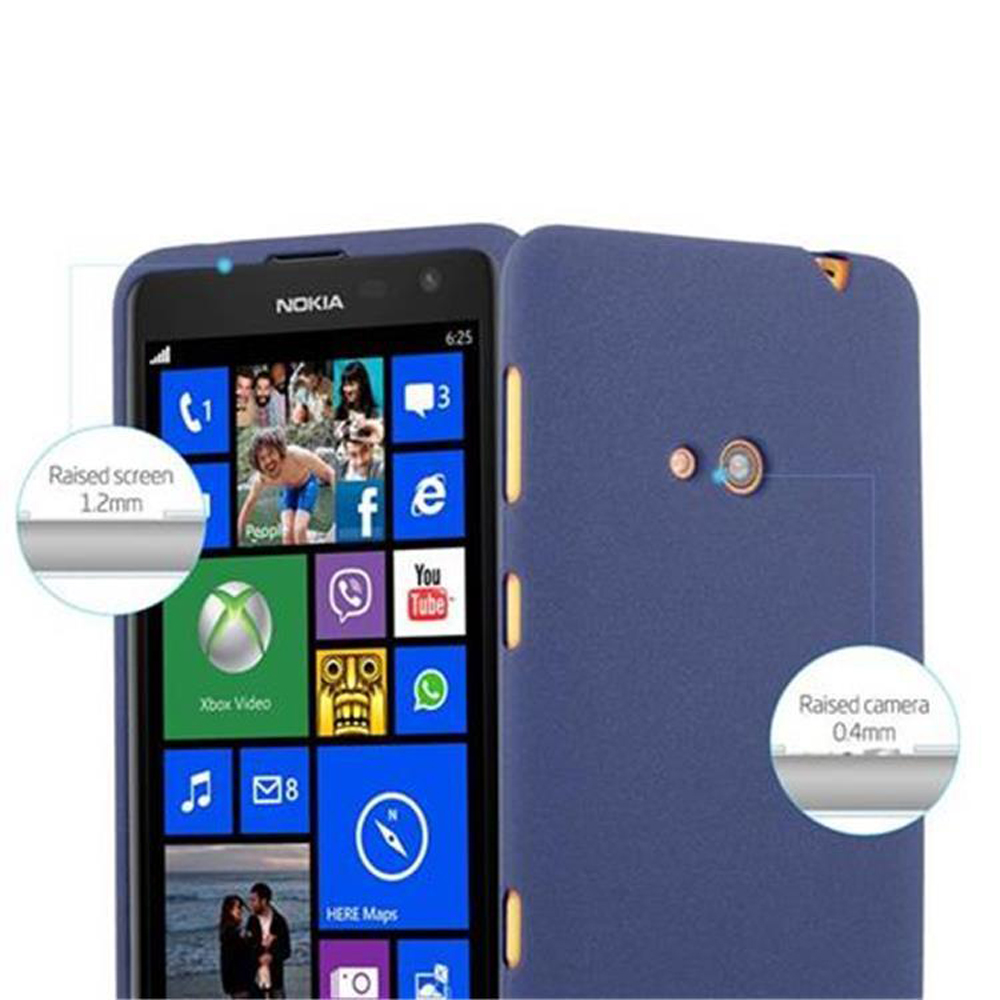 Smartphone Nokia azul oscuro mostrando su pantalla de mosaicos y cámara trasera.