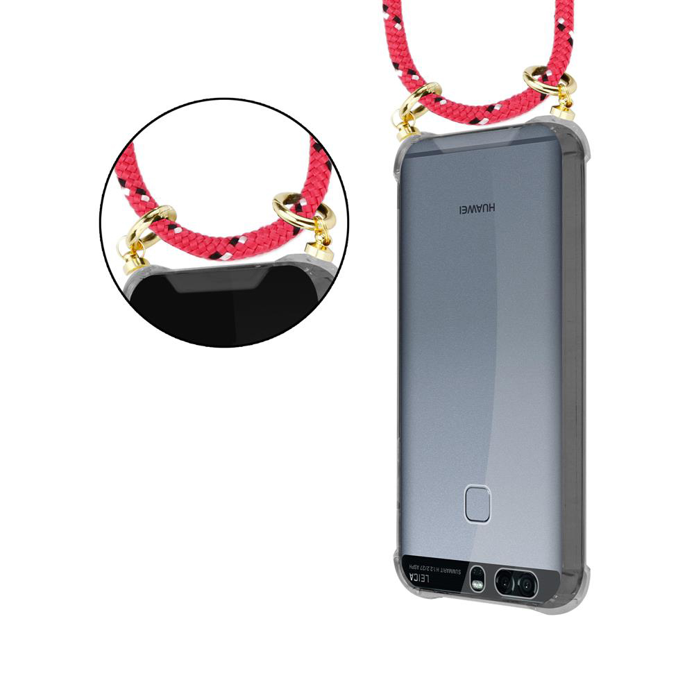 Ein rotes Band mit goldenen Ringen, das an einer durchsichtigen Handyhülle befestigt ist.