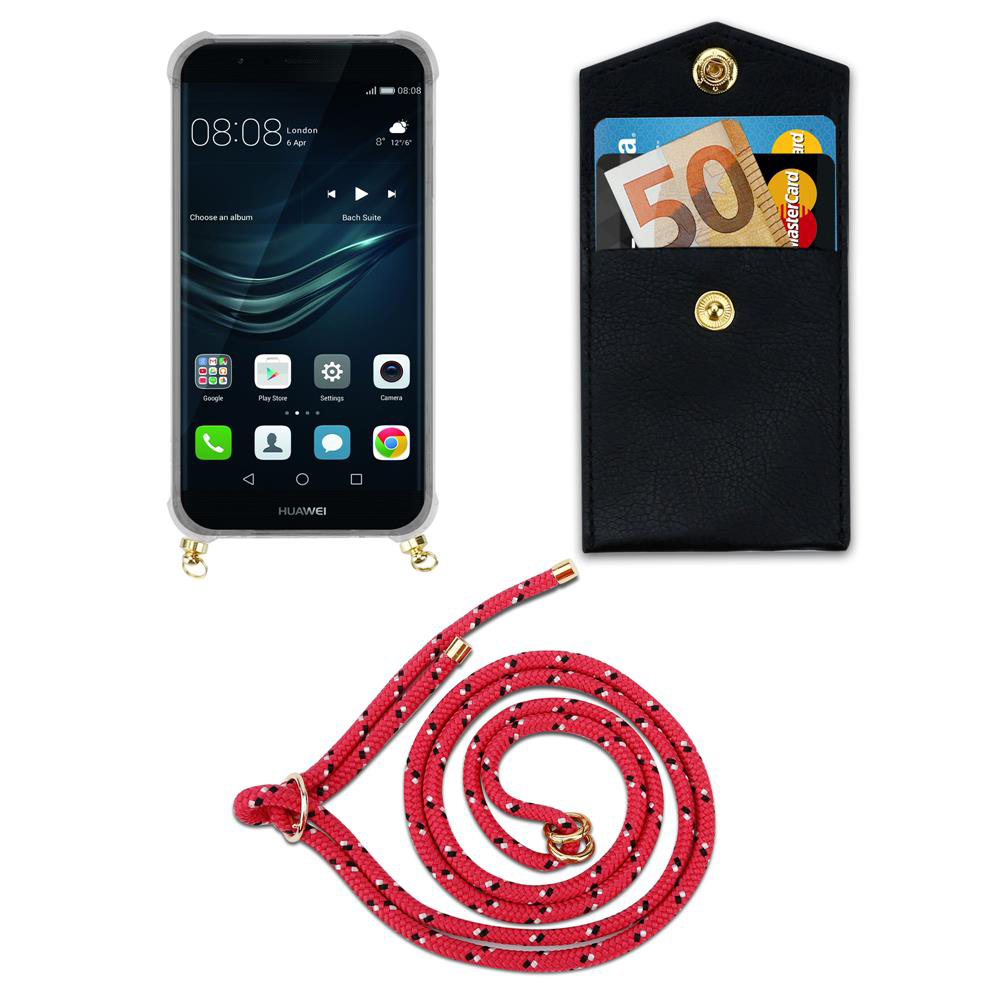 Ein Smartphone mit schwarzer Brieftasche und rotem Lanyard.