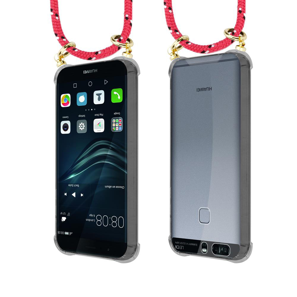 Zwei Huawei-Handys mit roter Schnur, eines mit Bildschirm, das andere mit Rückseite.