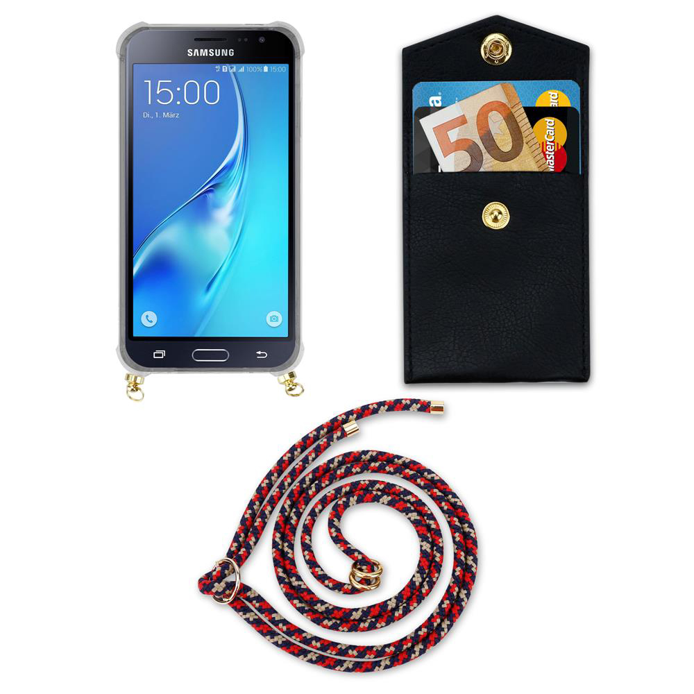 Un telefono Samsung, porta carte nero con contanti e un cordino colorato su bianco.