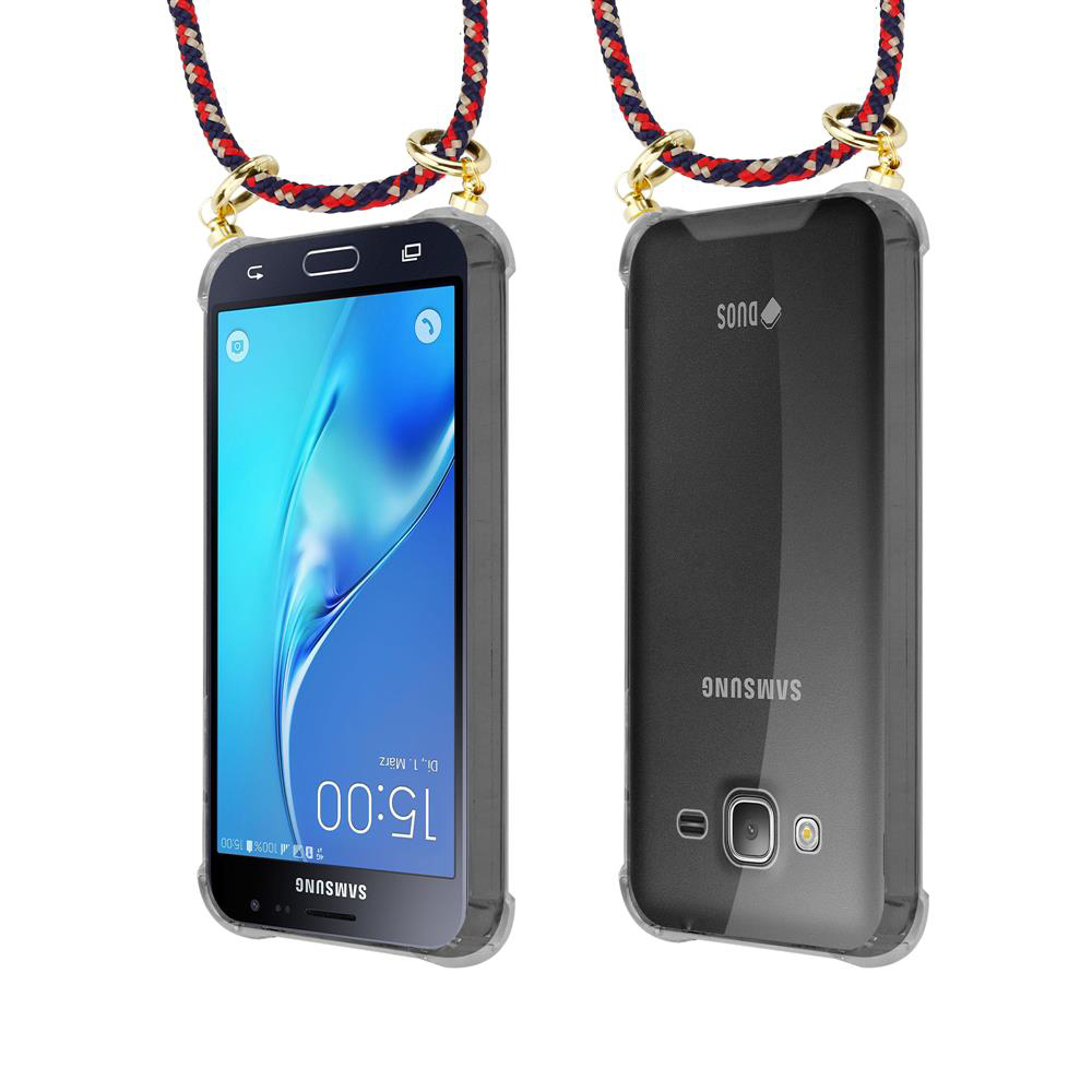 Due smartphone Samsung uno accanto all'altro, con laccetti. Uno mostra lo schermo, l'altro il retro.