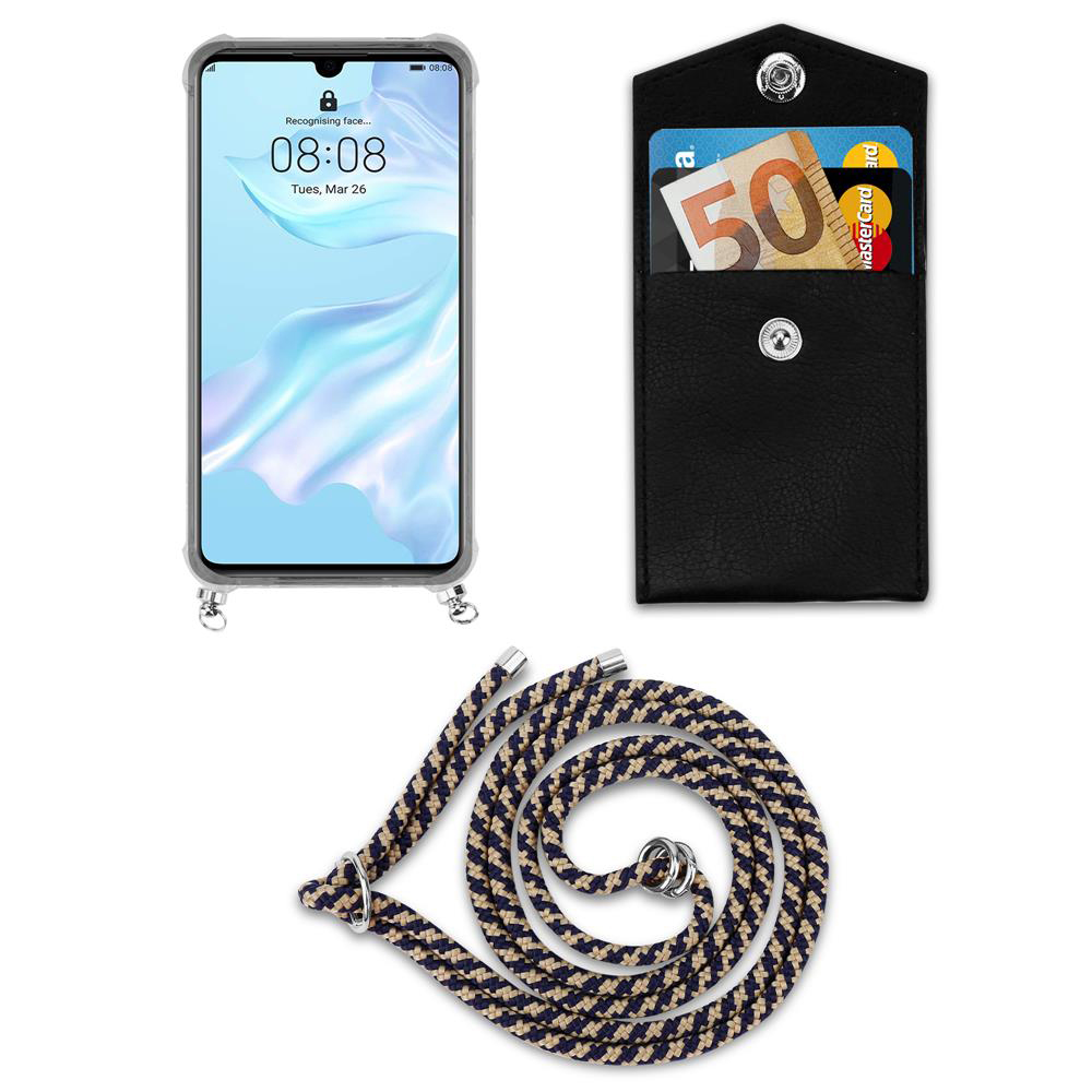 Uno smartphone, un portafoglio nero con soldi e carte, e un laccio.